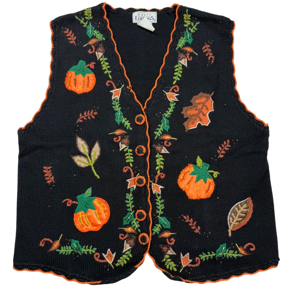 VTG Basic Editions Fall Pumpkin Leaf Embroidered Beaded Knit Vest Black Medium